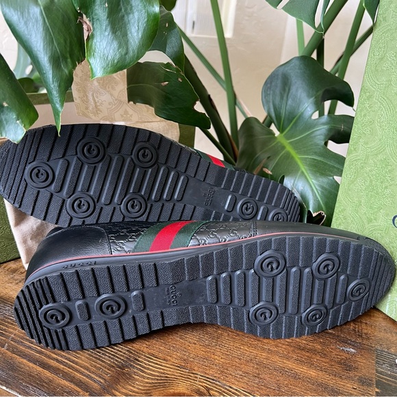 ❗️SOLD❗️GUCCI MicroGuccisima GG Web Detail  Black Leather Sneakers US14.5 - Picture 13 of 14